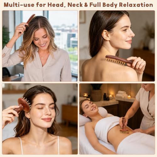 SIMPOR 2 in 1 Brass Copper Meridian Massage Tool Set, 29 Teeth Meridian Massage Brush & Wide Tooth Scalp Massage Comb, Sandalwood Handheld Massager for Head Neck Shoulder Abdomen Home SPA Self Care - Image 4