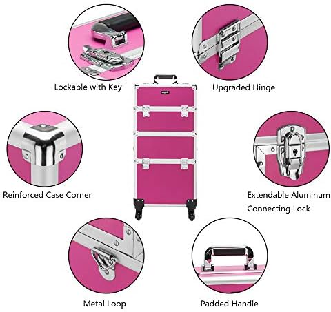 mefeir 3 in 1 Rolling Makeup Train Case, Aluminum Makeup Travel Organizer Cosmetic Case, Cosmetology Display Suitcase on Wheels, Beauty Storage Luggage Lockable w/4 Removable Wheels (Rose-Pink) - Image 5