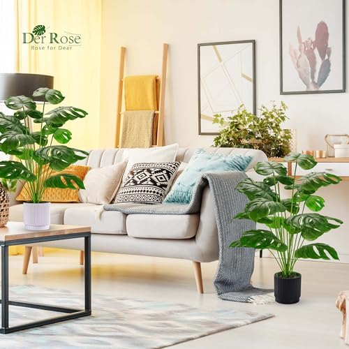 Der Rose 2 Pack 28" Fake Plants, Monstera Plants in White and Black Pots - Image 2