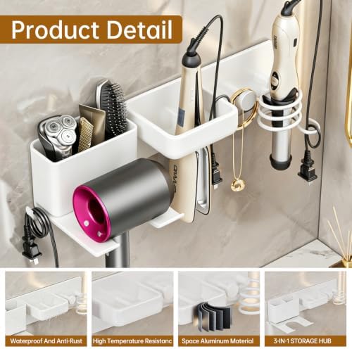 5 in 1 Hair Dryer Holder Hair Tool Organizer Metal Wall Mount (White) - Image 4