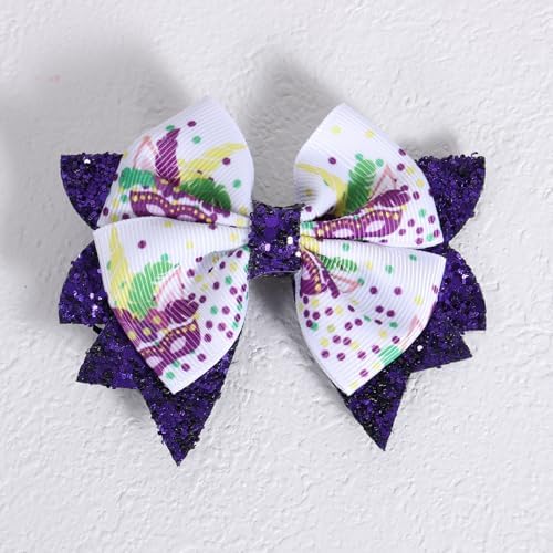 Mardi Gras Holiday Hair Bows for Girls, 3.5in Glitter Purple Sequins Ribbon Costume Bow Alligator Clips for Toddlers Teens Women Fat Tuesday Carnival Parade Accessories Gift Set 2 - Image 6