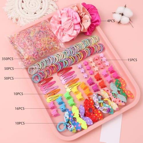 Rosvia Hair Accessories Set for Girls,Toddler Colorful Elastic Hair Ties with Gift Box 505PCS, Cute Rabbit Ear Hair Ties, Mini Flower Claw Clips and Butterfly Hair Clips,Satin Silk Scrunchies - Image 3