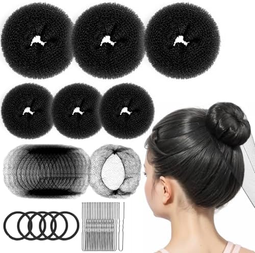 FANDAMEI 6 PCS Hair Bun Makers for Kids, 10 Invisible Bun Nets for Ballet Girls, 3PCS Extra Small 3PCS Small Donut Buns for Hair Kids, Bun Makers Hair Nets for Buns with 5 Elastics 20 Pins (Black) by FANDAMEI