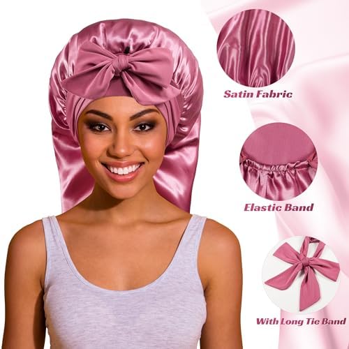 ROYBENS Long Bonnet for Braids Curly Hair Long Hair, Satin Bonnet with Tie - Image 2