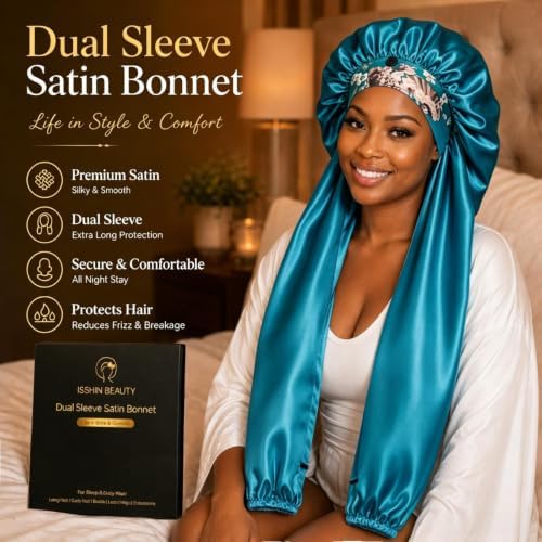 Isshin Beauty Satin Hair Bonnet for Sleeping Women: Dual Sleeve 2 in 1 Long Hair Protector Anti Frizz Sleep Cap - Image 6