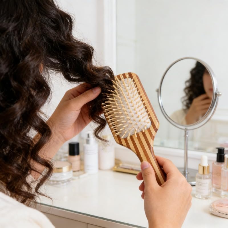 Women Men Natural Bamboo Hair Brush with Air Cushion, Scalp Massage Hairbrush with Hang Hole Bamboo Paddle for All Hair Types (Square) - Image 3