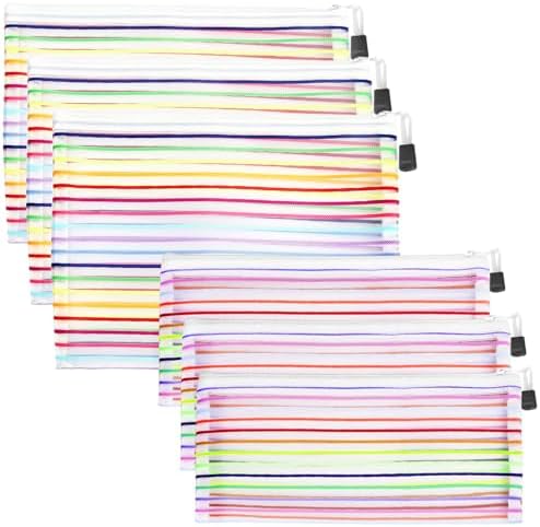Mesh Bags with Zipper (6 Pack), Nylon Makeup Bag Cosmetic Pouches Travel Organizer Case for Purse Diaper Bag Home Organizing Striped Multi Size White by CarryEpic