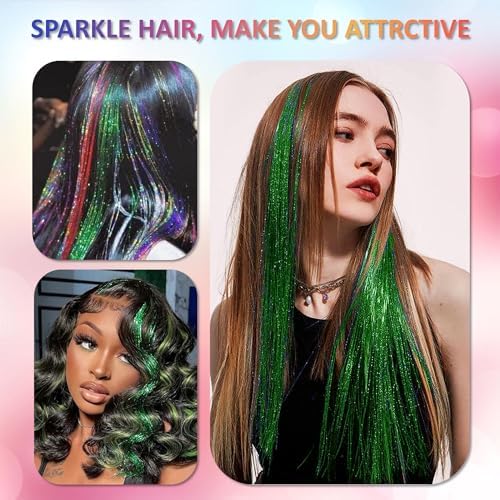 Green Hair Tinsel Kit 48 Inches 1200 Strands with Tools and Instruction Easy to Install Fairy Glitter Tinsel Hair Extensions for Women and Girls，Shinny Sparkling Braiding Hair Accessories - Image 3