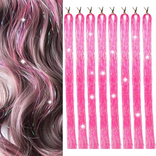 Hair Tinsel 8 Packs 1600 Strands 50 Inch Tinsel Hair Extensions Deep Rose Red Heat Resistant Glitter Sparkling Shinny Fairy Hair Accessories for Women(Deep Rose Red, 50Inch) by Sala