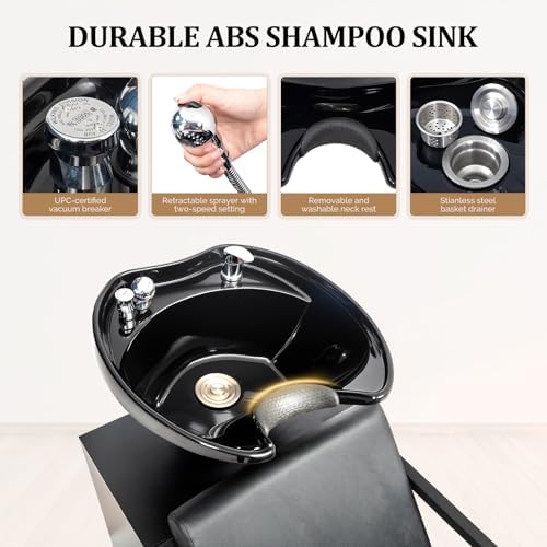 OmySalon Salon Shampoo Bowl and Chair, Hair Washing Station w/Tilting Sink & Storage Cabinet, Backwash Barber Chair for Barbershop Beauty Spa Massage Hairdressing - Image 3