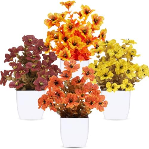 CEWOR 4 Pack Mini Fall Artificial Potted Plants, Fake Autumn Daisy Flowers with White Plastic Pots, Small Faux Floral Arrangement for Office Desk Bathroom Bedroom Table Decor by CEWOR