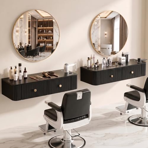 OmySalon Wall Mount Salon Station, Hair Stylist Cabinet with 3 Heat Resistant Dryer Holders, 2 Drawers, Modern Style Barber Storage Station for Barbershop Salon SPA, Solid Black - Image 7