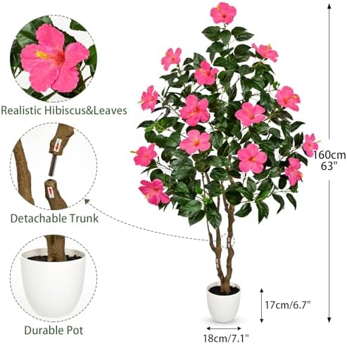 Briful Artificial Hibiscus Tree 5.25ft Tall Real Touch Fake Tree with Pink Flowers Potted Faux Plant Indoor Realistic Floor Plants for Front Porch Outdoor Home, Patio Decor - Image 3