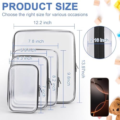 YOPCDJ Clear Hard Shell Zipper Case, Clear Zipper Pouches Waterproof Makeup Organizer & Travel Toiletry Storage Bag, Plastic Pouch for Office, Home, Black, 4Pack XL+L+M+S - Image 2