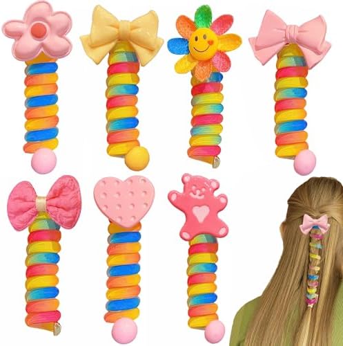 YONOY Colorful Telephone Wire Hair Bands for Kids, 7 Pcs Bowknot Braided Spiral Hair Ties, Ponytail Cord Hair Ties for Girls, No Damage Hair Elastics by YONOY