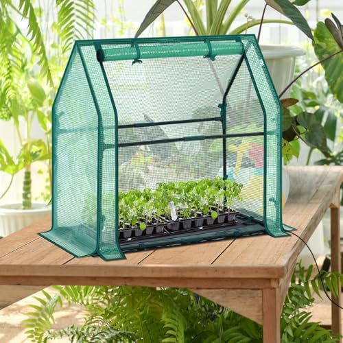 Mini Greenhouse for Indoor Outdoor: Ohuhu Tabletop Portable Green House with Waterproof Pad for Small Plants Nursery Germination, 36"x18"x33" Heavy-Duty PE Cover Green - Image 4