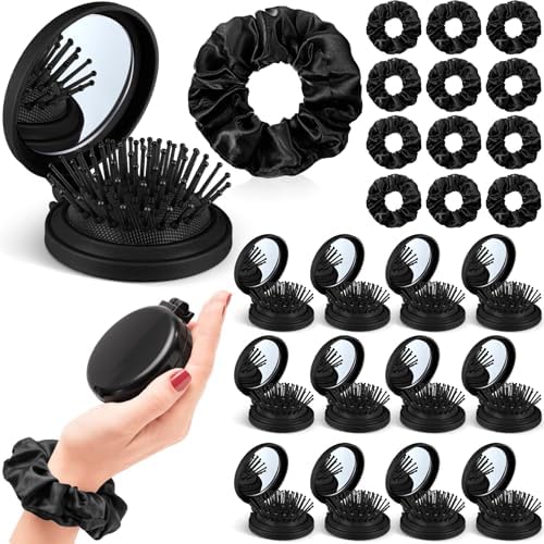 Sliner 24 Pcs Mini Hair Brush with Mirror and Scrunchies, Black by Sliner