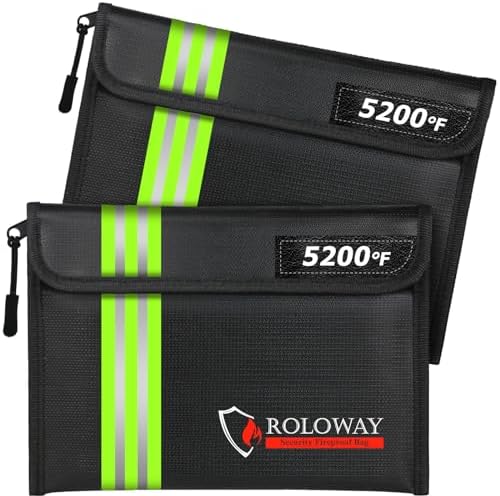 ROLOWAY Fireproof Bag (9.6 x 6.6 inches) 5200℉ Heat Insulated with Reflective Strip, Fireproof Money Bag with Zipper for Cash (2-Pack Black) by ROLOWAY