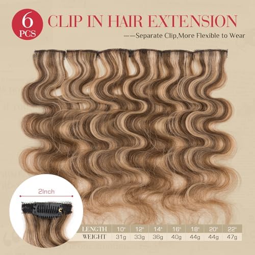 Rich Choices Clip In Hair Extension Real Human Hair-Wave/Curly 6 Pcs Single Clip Hairs Extension for Women-Invisible Mini Clips in Hairpieces-14 Inch #4P27 Medium Brown Highlighted Dark Blonde - Image 2