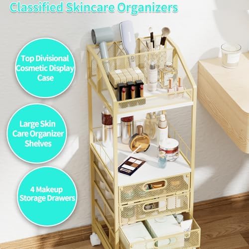 HapiRm Makeup Organizer Storage Cart - Floor Skincare Make Up Storage with 4 Drawers, Rolling Makeup Cart Vanity Organizer Cosmetics Display Cases Holder for Skin Care Perfume Nail Polish, Gold - Image 3