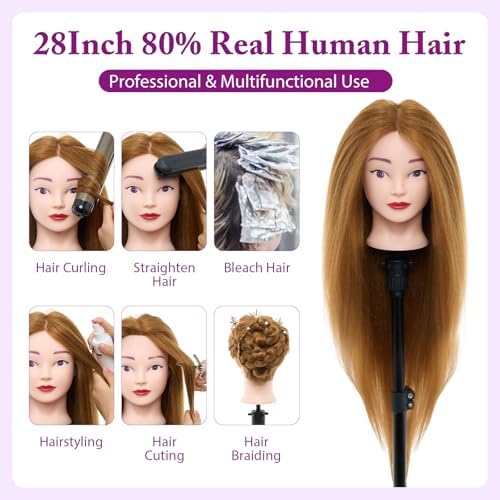 Mannequin Head 80% Human Hair with Tripod Stand, 28 Inch Cosmetology Manikin Head Braiding Mannequin Head with stand, Hairdressing Training Practice Doll Head for Hair Styling with Table Clamp - Image 2