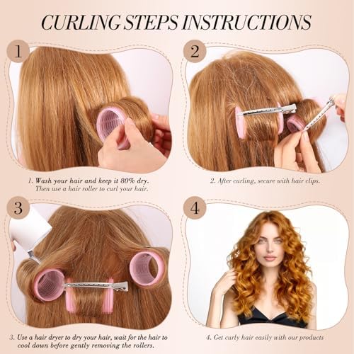 obeoby 4 Sizes Hair Rollers for Women Self-Grip Curlers Set, Pink Star - Image 4