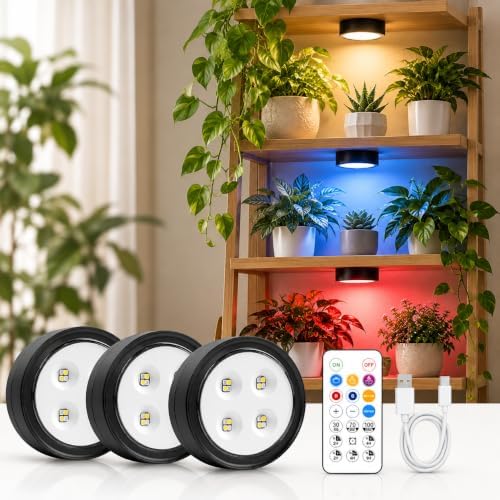 Rechargeable Grow Lights for Indoor Plants, 4000mAh Full Spectrum Wireless Magnetic Puck Grow Lights with Remote Control, Timer, Stepless Dimming and Type-C Charging for Plant Shelf (3, Pack) by Unknown