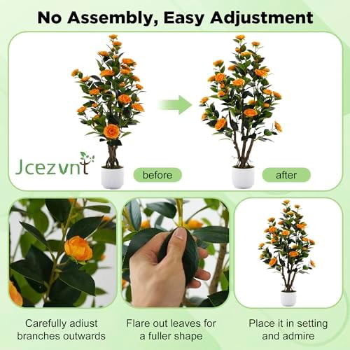 2 Pack Artificial Camellia Tree with White Pot, 38" Faux Potted Plants for Indoor Outdoor Decor, Tall Silk Greenery Plant for Home Offce Living Room Balcony,White, Orange - Image 6