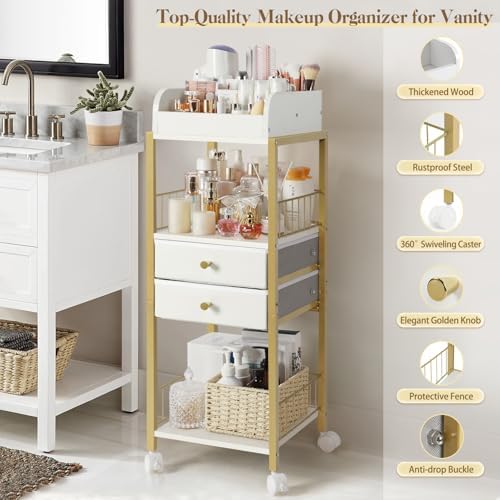 Makeup Organizer, Floor Skincare Organizers Make Up Organizers and Storage with Drawers, Vanity Organizer Cosmetics Display Cases Holder for Skin Care Nail Polish Perfume Gold - Image 5