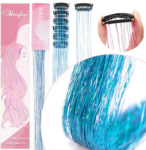 Sky Blue Fairy Hair Tinsel Kit Pack of 12 Pcs Clip in Hair Tinsel Kit 20 Inch Glitter Blue Tinsel Hair Extensions Festival Gift Tinsel Fairy Hair Extension Party Dazzle Hair (12Pcs,Sky Blue#) - Image 2