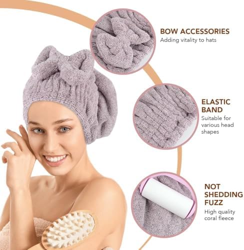 SUNLAND Large Microfiber Hair Drying Caps with Bow Knot 2 Pack Purple - Image 3