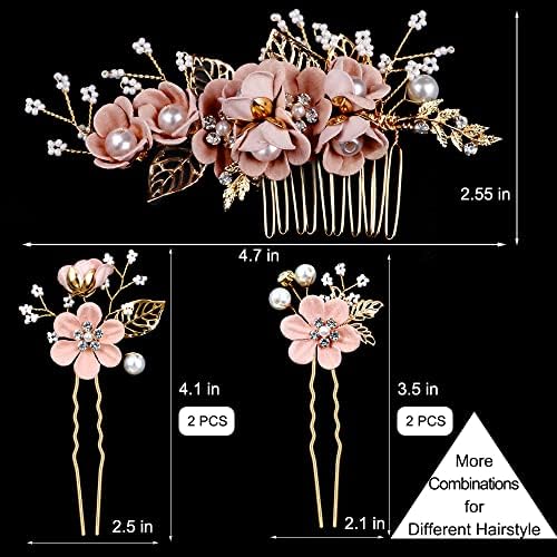5 Pieces Bridal Flower Wedding Hair Pins Crystal Pearl Hair Combs Clips Headpiece Gold Wedding Hair Accessories Jewelry with Rhinestone for Brides Bridesmaids Women Girls Updo (Cherry Blossoms Pink) - Image 3