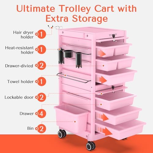 TASALON Pink Lockable Salon Cart with Wheels, Beauty Salon Station Trolley with 6 Drawers & Heat-Resistant Tool Holders, Rolling Barber Organizer for Hair Stylist, Spa & Tattoo Studio - Image 2