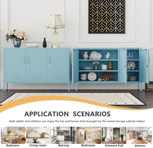 Blue Metal Storage Cabinet with Lock, 47.5" Wide Ventilated Door Locker, 2 Adjustable Shelves, Heavy Duty Home Accent Cabinet for Living Room Kitchen Office Study - Image 6