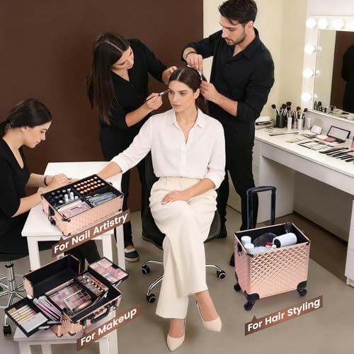 Frenessa Rolling Makeup Train Case 3 in 1 Professional Cosmetic Trolley Large Storage with keys Swivel Wheels Salon Barber Case Traveling Cart Trunk for Make Up Nail Tech - Vintage Rose Gold - Image 3