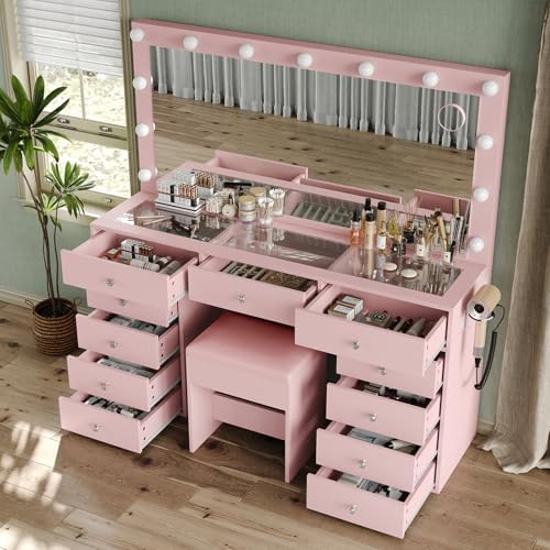 Yanosaku 11 Drawers Makeup Vanity with Charging Station, Vanity Desk with 13 LED Bulbs and HD Mirror, 3 Color Brightness Adjustable, Glass Top Vanity Set for Bedroom, Pink - Image 2