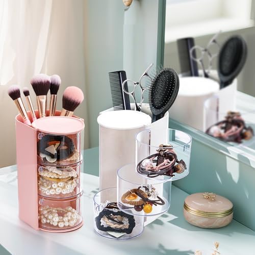 Eorbow 2 Pack Hair Accessories Organizer, 3-layer Rotatable Hair Tie Holder, Clear Acrylic Hair Brush Storage Box for Girls, Bathroom Makeup Container Case for Headband Bow Clip Cotton Swab - Image 6