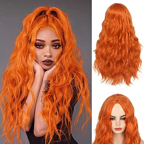 Long Curly Wavy Orange Wig Middle Part Synthetic Hair Replacement Wig for Cosplay Daily Use by Beweig