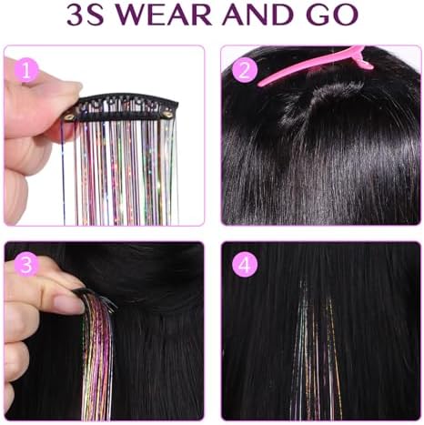 IDN BEAUTY Hair Tinsel Clip In Rainbow Sparkle Hair Extensions 24 Inch 6pcs - Image 2