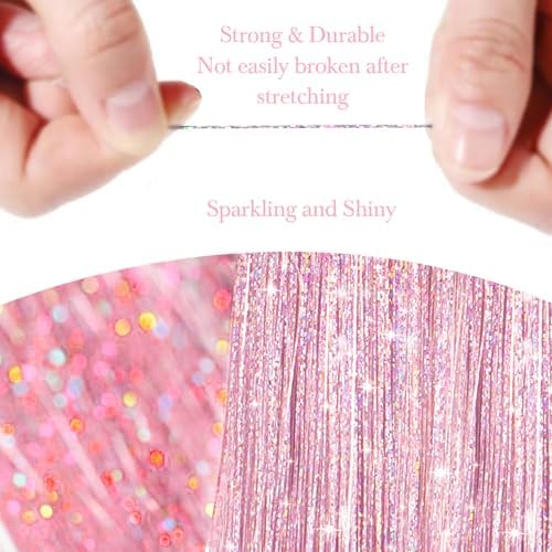 Hair Tinsel 8 Packs 1600 Strands 50 Inch Tinsel Hair Extensions Egg Pink Heat Resistant Glitter Sparkling Shinny Fairy Hair Accessories for Women and Girls(Egg Pink, 50Inch) - Image 3