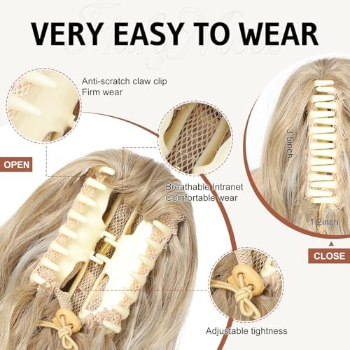 FLUFYMOOZ Ponytail Extension, 18 Inch Claw Clip Ponytail Extension, Wavy Curly Claw Clip in Ponytail Hair Extensions, Natural Fake Ponytail Synthetic Hairpiece for Women (Golden Blonde White Blonde) - Image 3