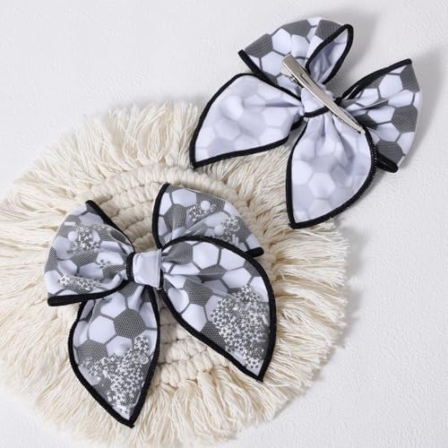 Black White Soccer Hair Bows for Girls, 4" Mesh Tulle Fable Bow Hair Clips - Image 2