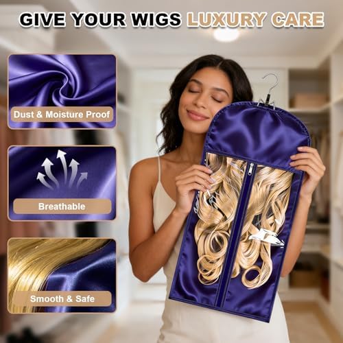2 Pack Purple Silk Satin Wig Storage Bag with Hanger, Breathable Hair Extension Holder for Styling & Organizing, Dust-proof Silk Case for Protecting Hair Extensions & Wigs - Image 2