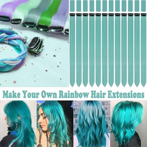 12 PCS Teal Blue Hair Extensions Clip in, 22 Inch Colored Party Synthetic Neon Highlights Extensions, Rainbow Hair Accessories for Women Hair Pieces (Teal Blue) - Image 2