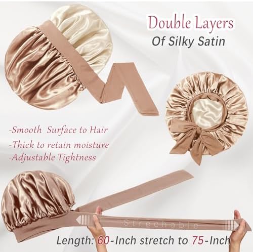 Double-Layered Silky Satin Bonnet with Tie, Large Women Sleep Cap - Image 2