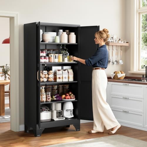 Black Tall Pantry Cabinet Kitchen Metal Garage Storage Cabinet Cupboard 75" - Image 3