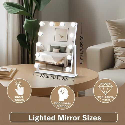 Vanity Mirror with Lights, 13'' x 11'' Lighted Makeup Mirror for Desk, Hollywood Mirror with 12 Dimmable Bulbs, 3 Color Modes, Smart Touch Control, 360°Rotation, Gifts for Girls, Women, Wife - Image 2