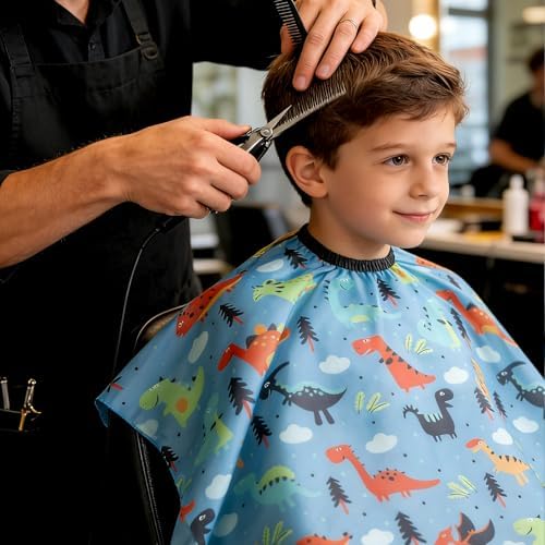 Gealaek Kids Haircut Cape and Neck Duster Brush Set with Dinosaur Pattern Kids Barber Cape 55x40 Inches for Boys & Girls Salon Cape Kit (Blue) - Image 7