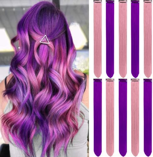 Colored Hair Extensions Clip in Purple and Pink Hairpieces 10 PCS by LADYAMZ