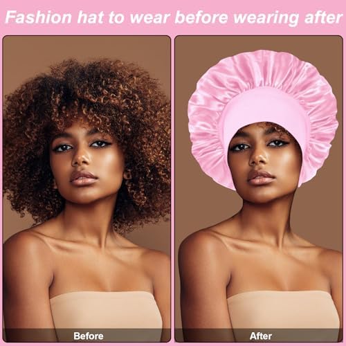 4Pcs Silk Satin Hair Bonnets for Sleeping - Elastic Wide Band Satin Hair Wrap for Sleeping Black Women Men,Silk Bonnets for Curly Hair(Black & Pink & Blue & Purple) - Image 2